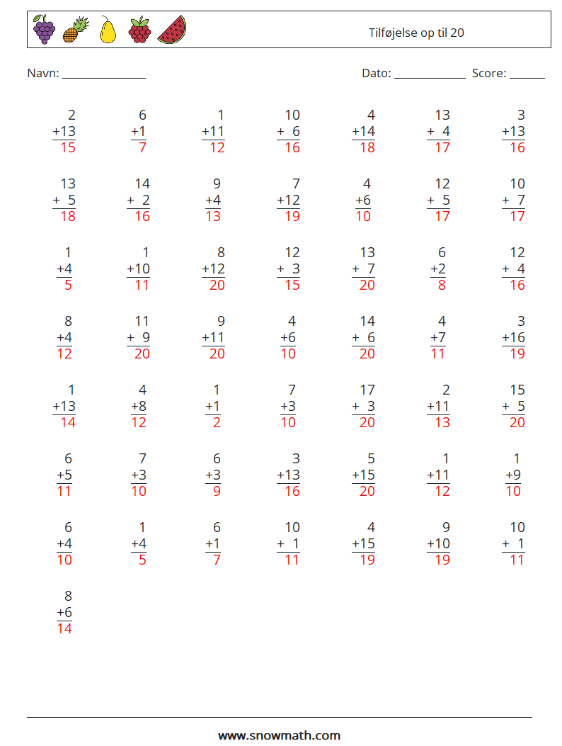 (50) Tilføjelse op til 20 Matematiske regneark 14 Spørgsmål, svar
