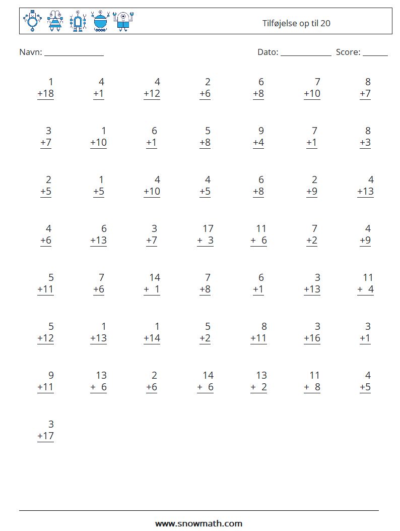 (50) Tilføjelse op til 20 Matematiske regneark 15