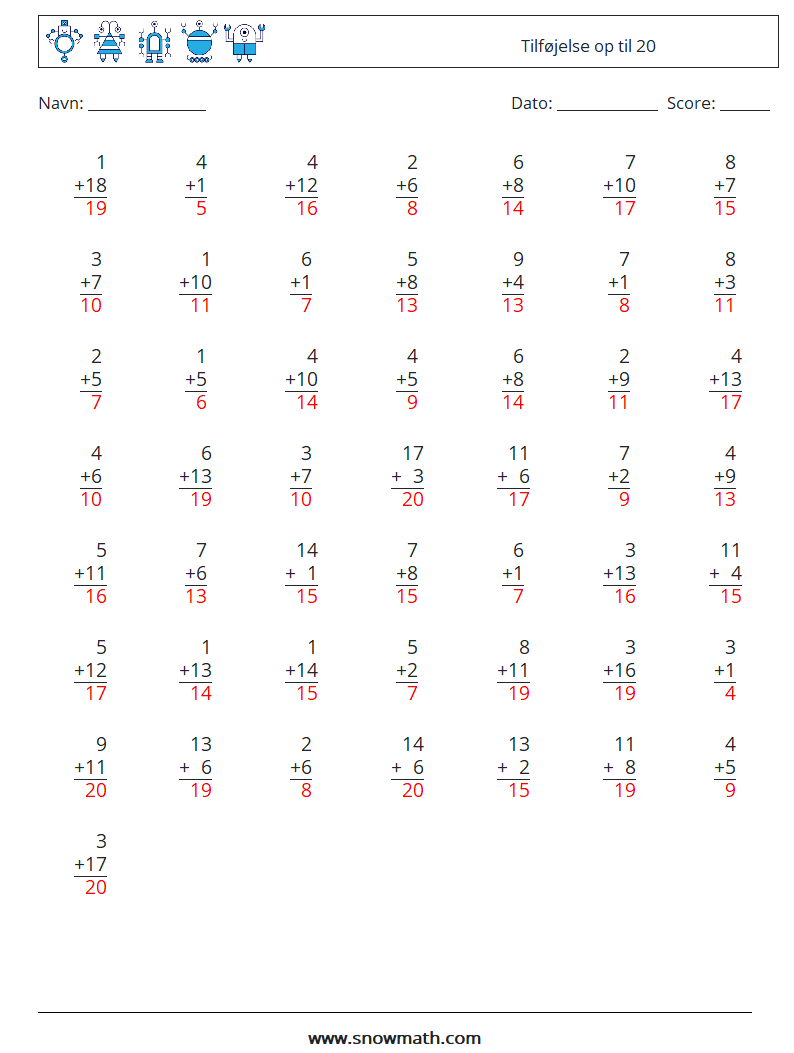 (50) Tilføjelse op til 20 Matematiske regneark 15 Spørgsmål, svar