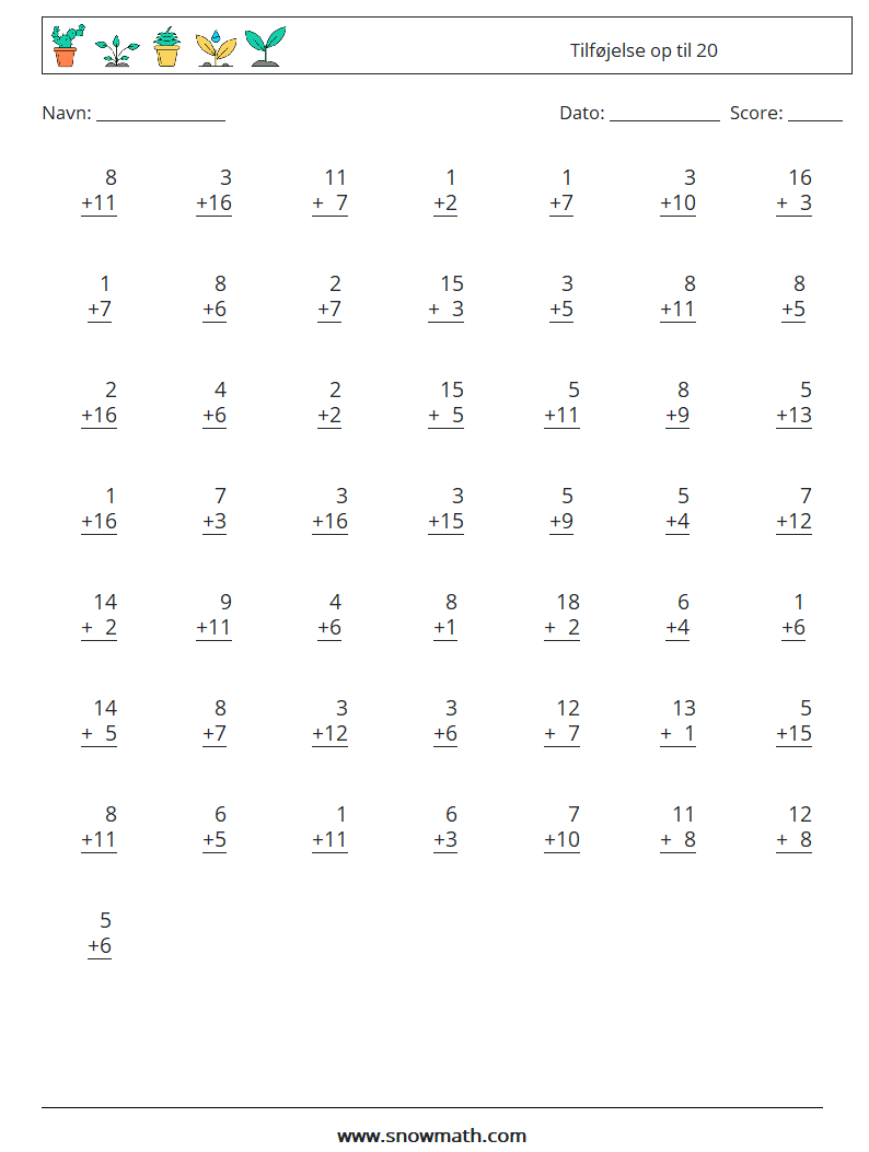(50) Tilføjelse op til 20 Matematiske regneark 16