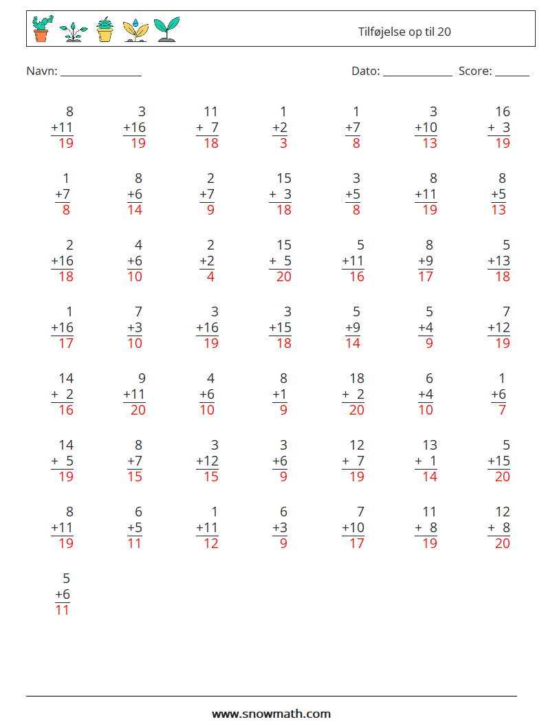 (50) Tilføjelse op til 20 Matematiske regneark 16 Spørgsmål, svar