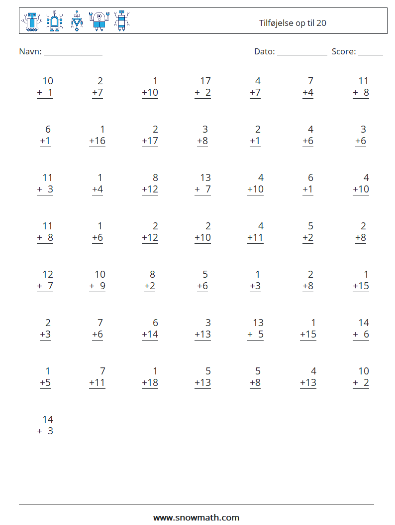 (50) Tilføjelse op til 20 Matematiske regneark 17