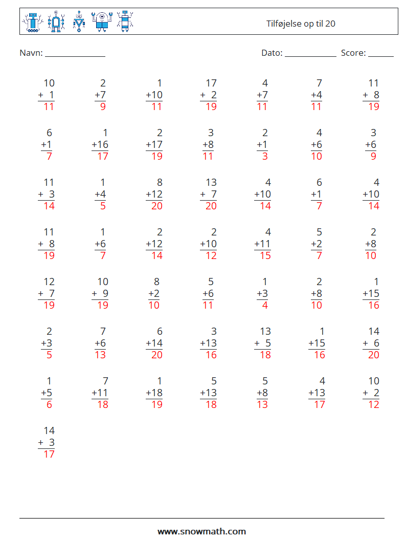 (50) Tilføjelse op til 20 Matematiske regneark 17 Spørgsmål, svar