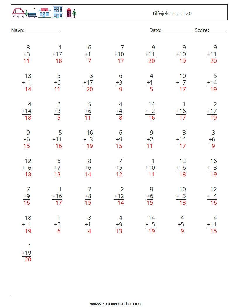 (50) Tilføjelse op til 20 Matematiske regneark 1 Spørgsmål, svar