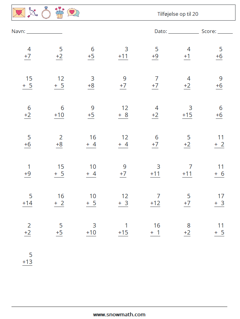 (50) Tilføjelse op til 20 Matematiske regneark 3