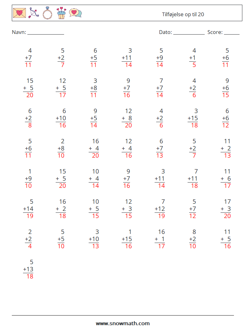 (50) Tilføjelse op til 20 Matematiske regneark 3 Spørgsmål, svar