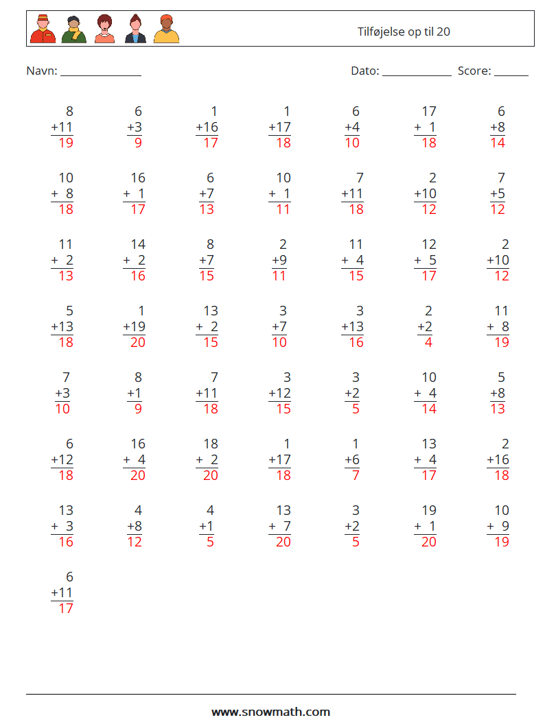 (50) Tilføjelse op til 20 Matematiske regneark 4 Spørgsmål, svar