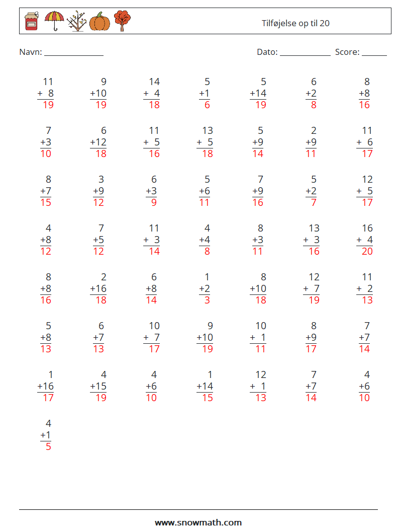 (50) Tilføjelse op til 20 Matematiske regneark 5 Spørgsmål, svar