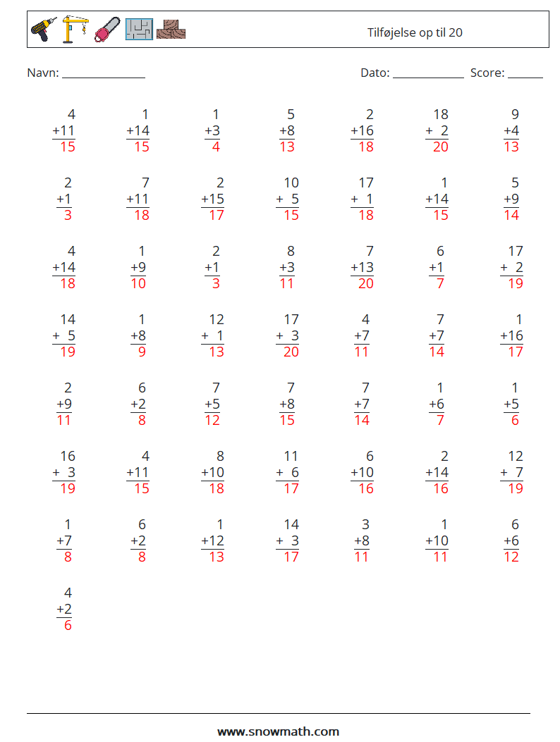 (50) Tilføjelse op til 20 Matematiske regneark 6 Spørgsmål, svar