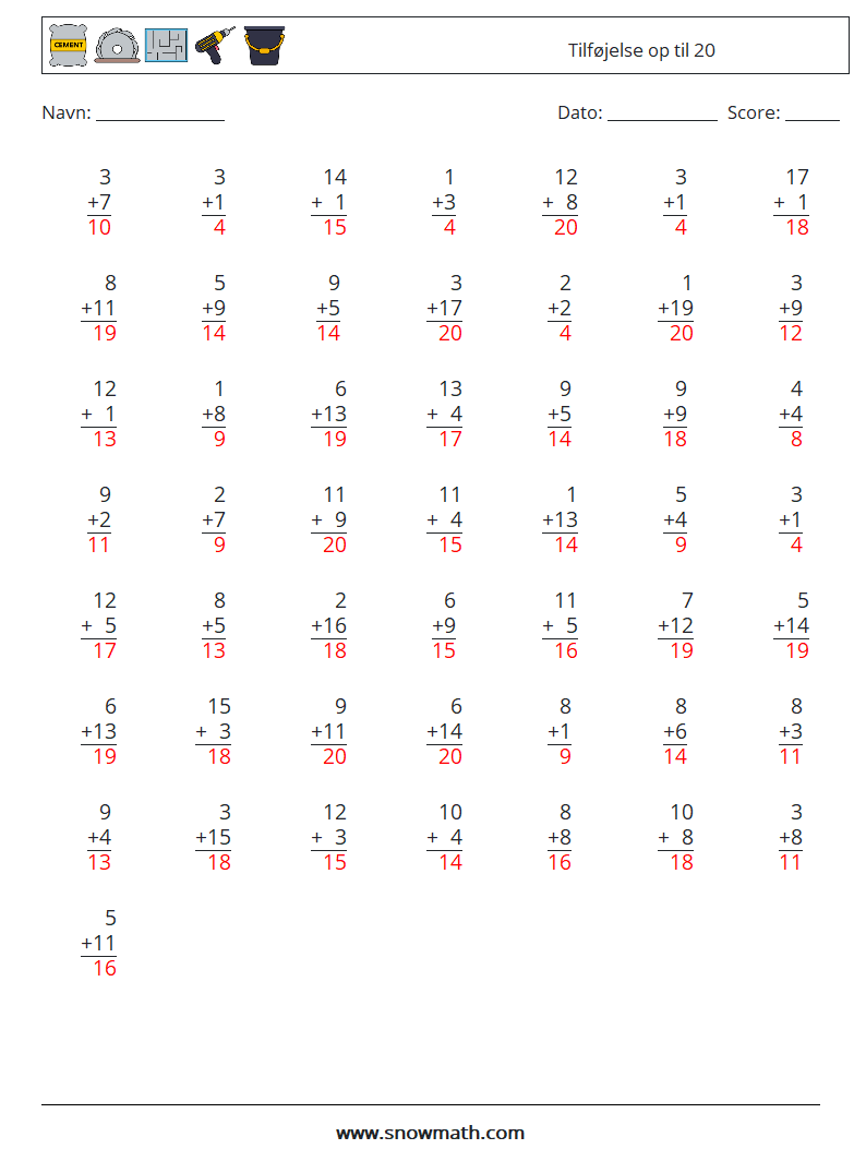 (50) Tilføjelse op til 20 Matematiske regneark 7 Spørgsmål, svar