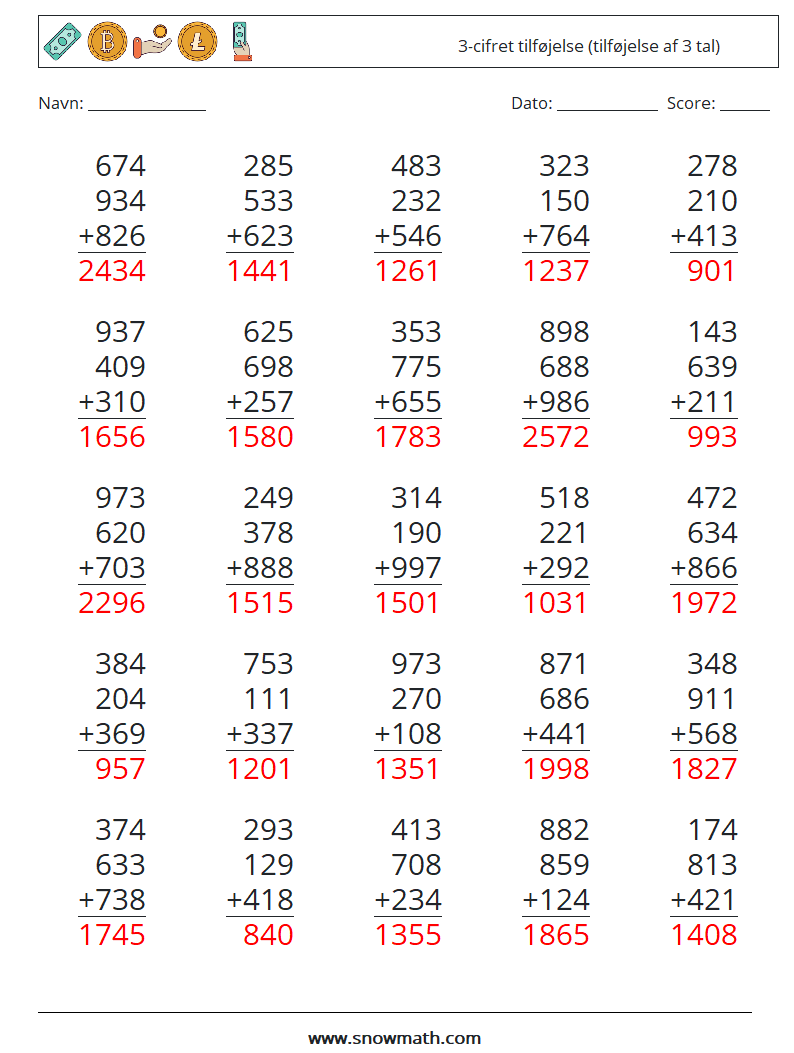 (25) 3-cifret tilføjelse (tilføjelse af 3 tal) Matematiske regneark 10 Spørgsmål, svar