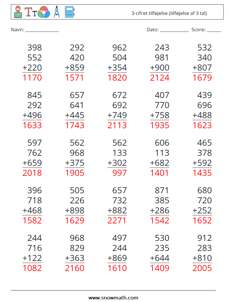 (25) 3-cifret tilføjelse (tilføjelse af 3 tal) Matematiske regneark 11 Spørgsmål, svar