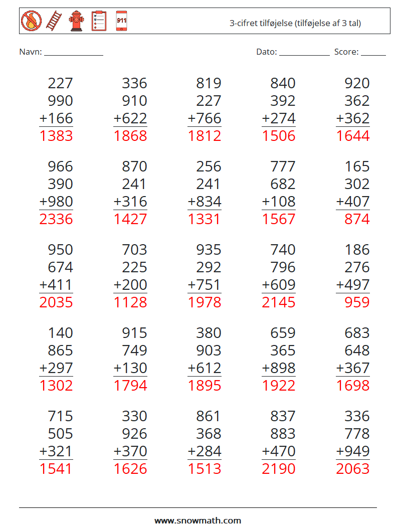 (25) 3-cifret tilføjelse (tilføjelse af 3 tal) Matematiske regneark 12 Spørgsmål, svar
