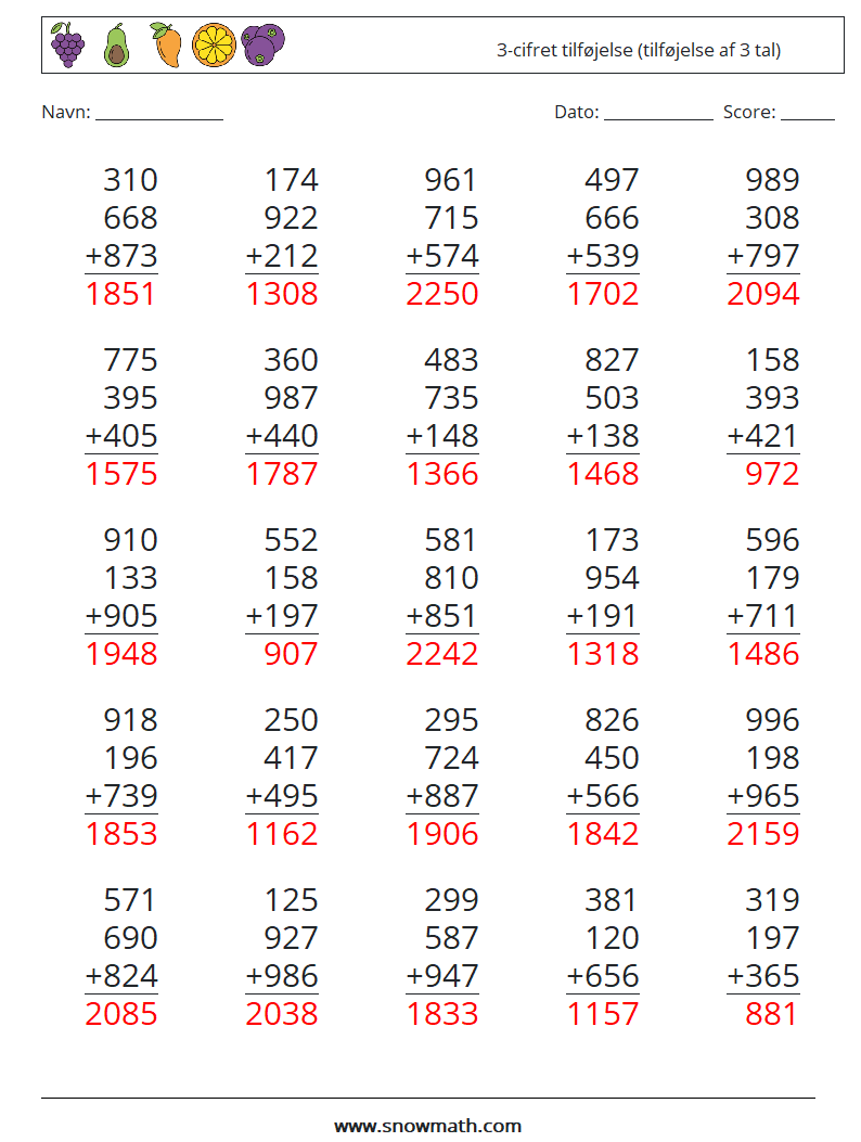 (25) 3-cifret tilføjelse (tilføjelse af 3 tal) Matematiske regneark 13 Spørgsmål, svar