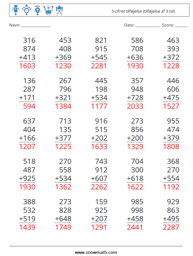 (25) 3-cifret tilføjelse (tilføjelse af 3 tal) Matematiske regneark 14 Spørgsmål, svar