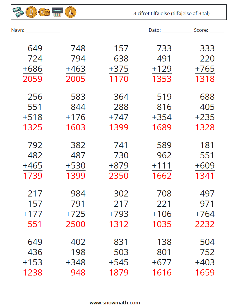 (25) 3-cifret tilføjelse (tilføjelse af 3 tal) Matematiske regneark 16 Spørgsmål, svar