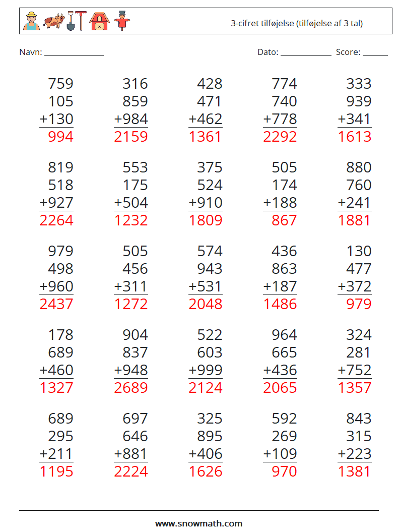 (25) 3-cifret tilføjelse (tilføjelse af 3 tal) Matematiske regneark 17 Spørgsmål, svar