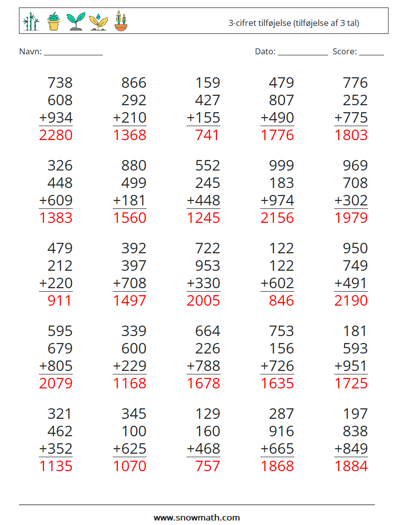 (25) 3-cifret tilføjelse (tilføjelse af 3 tal) Matematiske regneark 18 Spørgsmål, svar