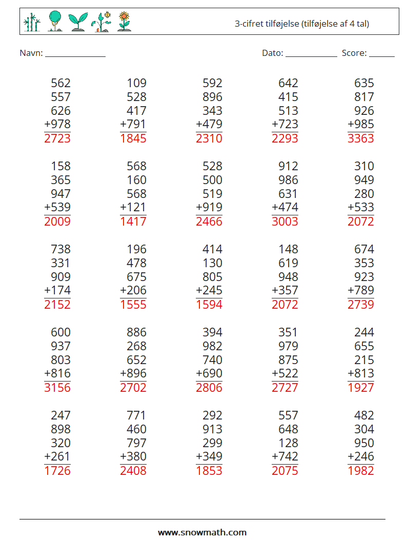 (25) 3-cifret tilføjelse (tilføjelse af 4 tal) Matematiske regneark 11 Spørgsmål, svar