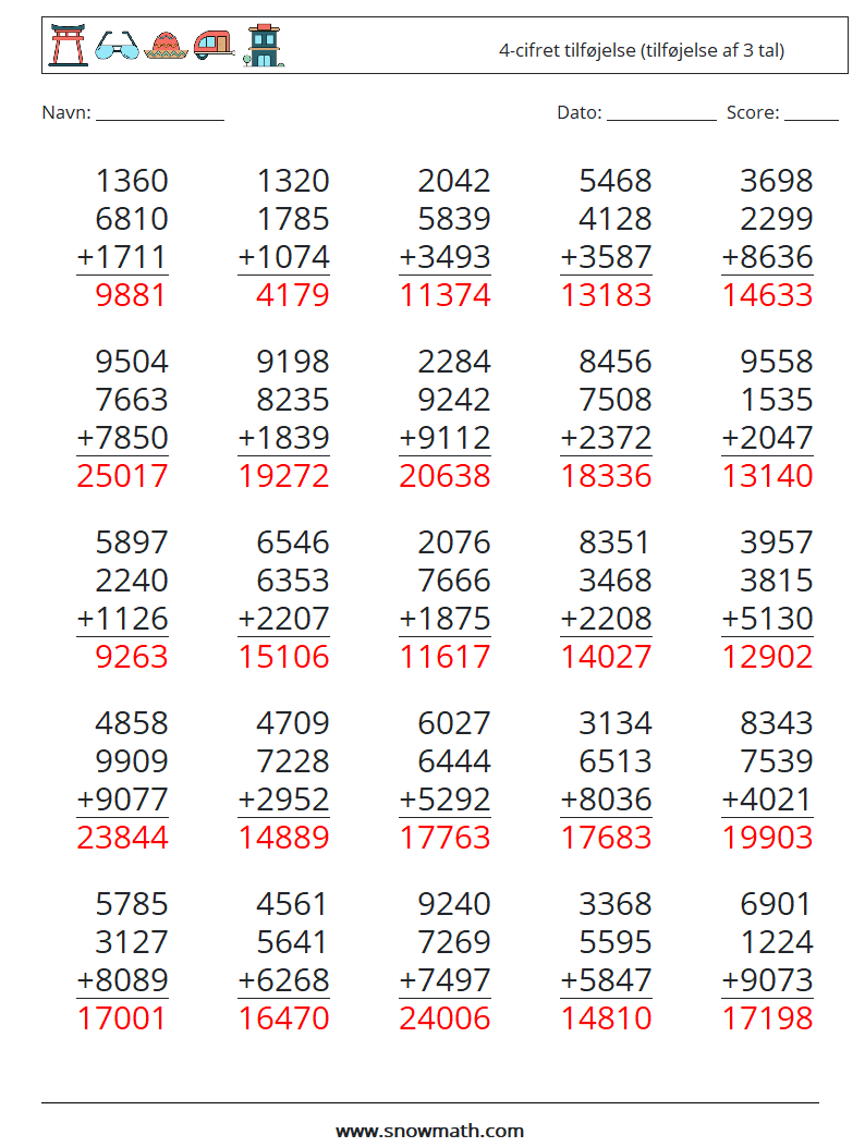 (25) 4-cifret tilføjelse (tilføjelse af 3 tal) Matematiske regneark 17 Spørgsmål, svar