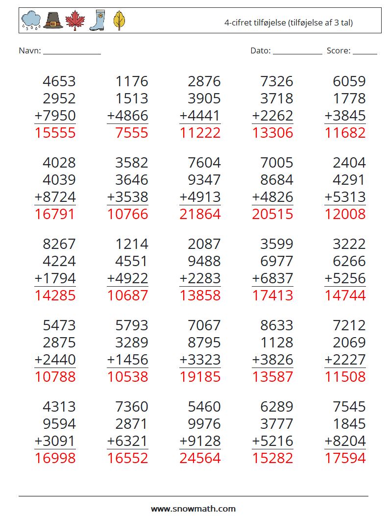 (25) 4-cifret tilføjelse (tilføjelse af 3 tal) Matematiske regneark 18 Spørgsmål, svar