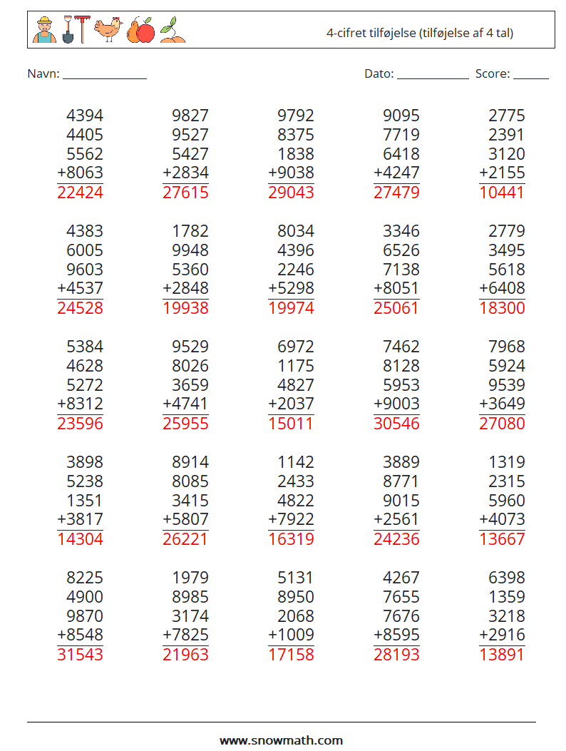(25) 4-cifret tilføjelse (tilføjelse af 4 tal) Matematiske regneark 12 Spørgsmål, svar