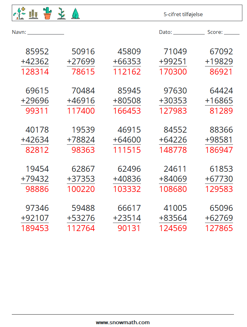 (25) 5-cifret tilføjelse Matematiske regneark 12 Spørgsmål, svar