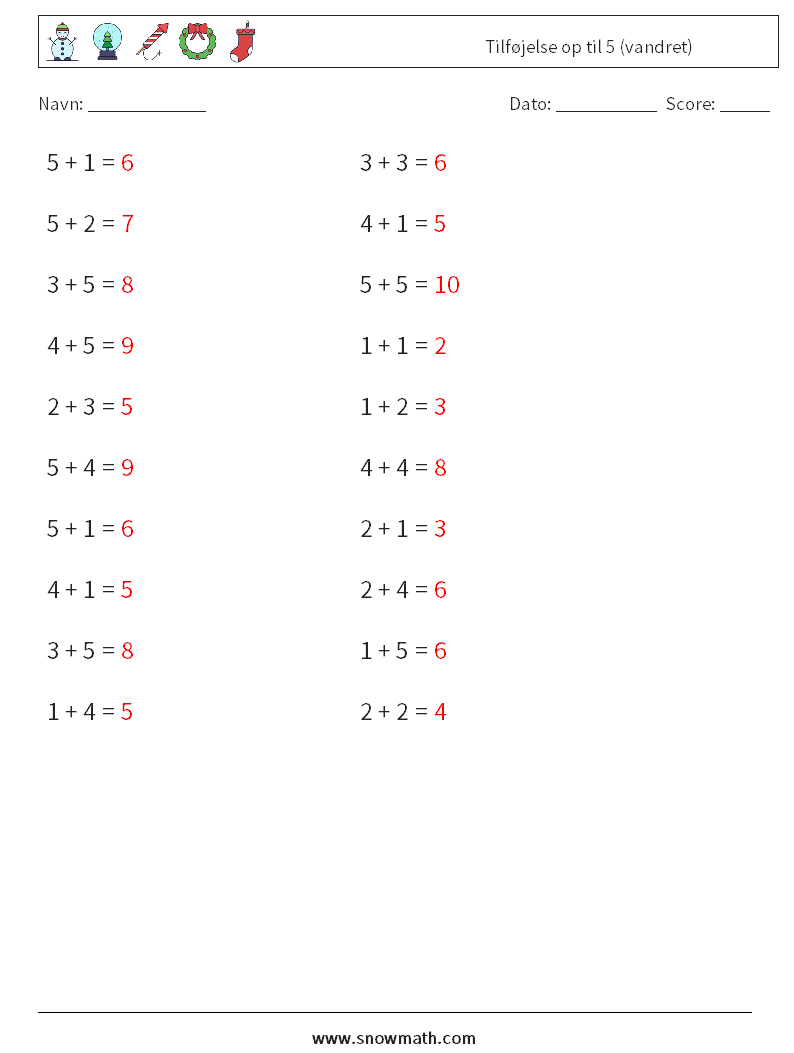 (20) Tilføjelse op til 5 (vandret) Matematiske regneark 1 Spørgsmål, svar
