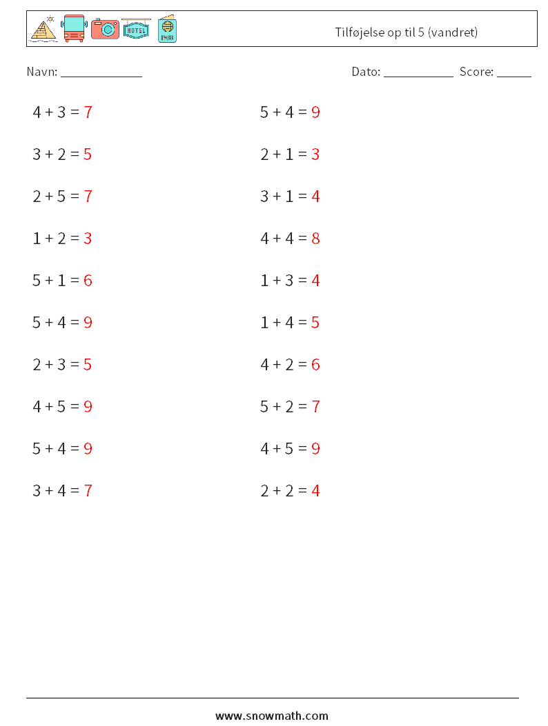(20) Tilføjelse op til 5 (vandret) Matematiske regneark 2 Spørgsmål, svar