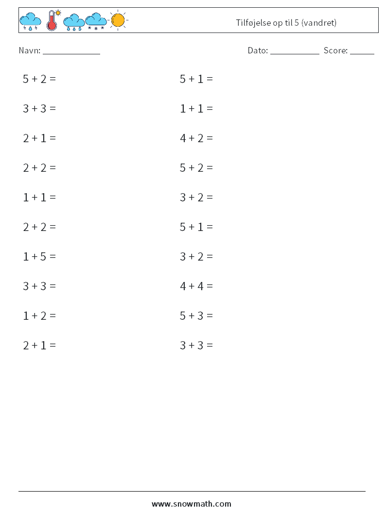 (20) Tilføjelse op til 5 (vandret) Matematiske regneark 3