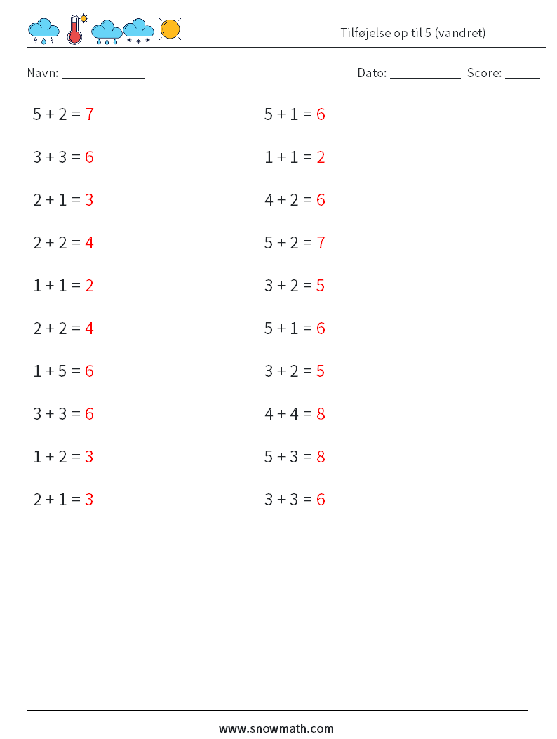 (20) Tilføjelse op til 5 (vandret) Matematiske regneark 3 Spørgsmål, svar