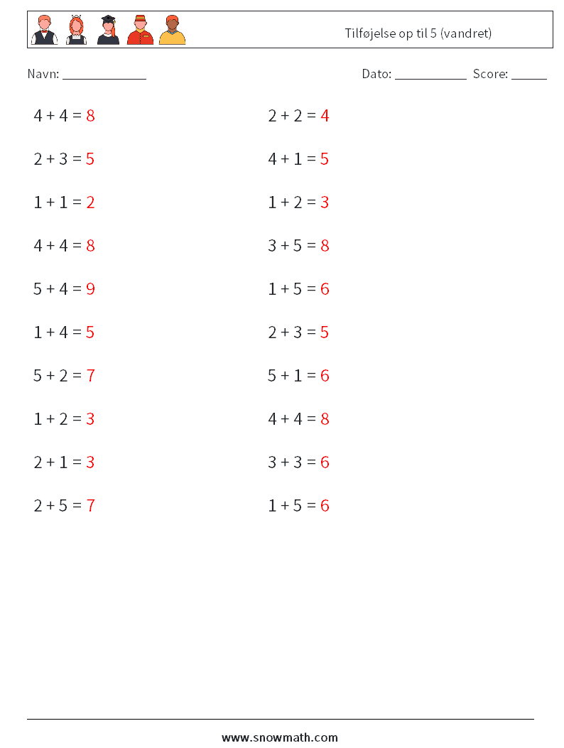 (20) Tilføjelse op til 5 (vandret) Matematiske regneark 4 Spørgsmål, svar