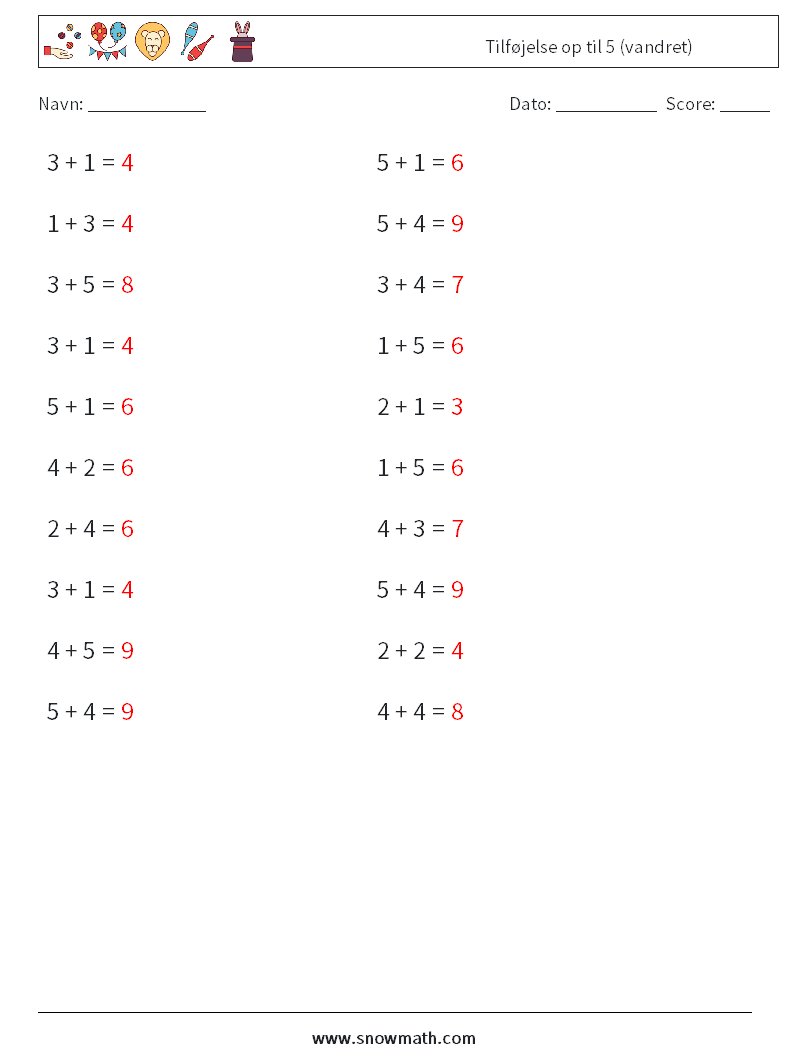 (20) Tilføjelse op til 5 (vandret) Matematiske regneark 5 Spørgsmål, svar