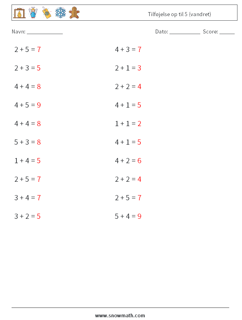 (20) Tilføjelse op til 5 (vandret) Matematiske regneark 6 Spørgsmål, svar