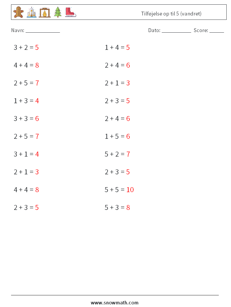 (20) Tilføjelse op til 5 (vandret) Matematiske regneark 7 Spørgsmål, svar