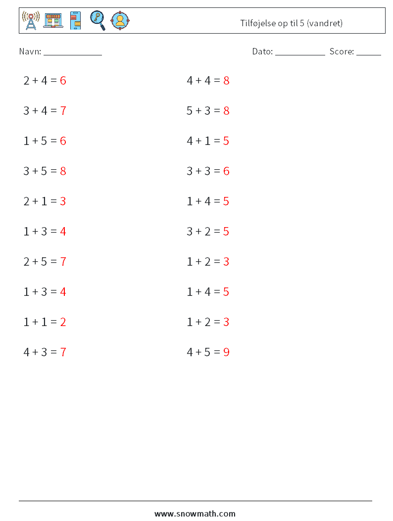 (20) Tilføjelse op til 5 (vandret) Matematiske regneark 8 Spørgsmål, svar