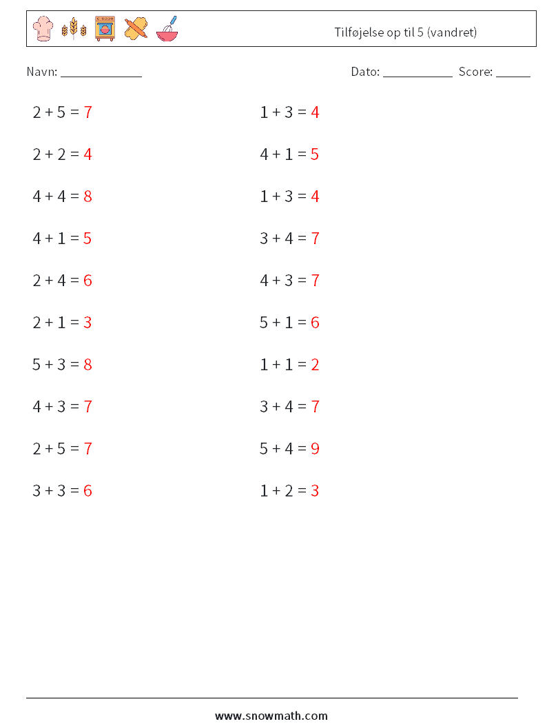 (20) Tilføjelse op til 5 (vandret) Matematiske regneark 9 Spørgsmål, svar