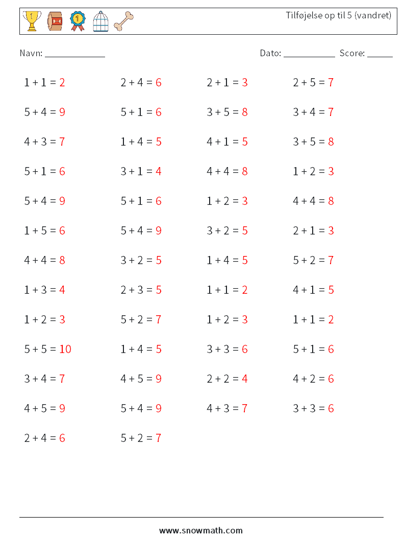 (50) Tilføjelse op til 5 (vandret) Matematiske regneark 3 Spørgsmål, svar
