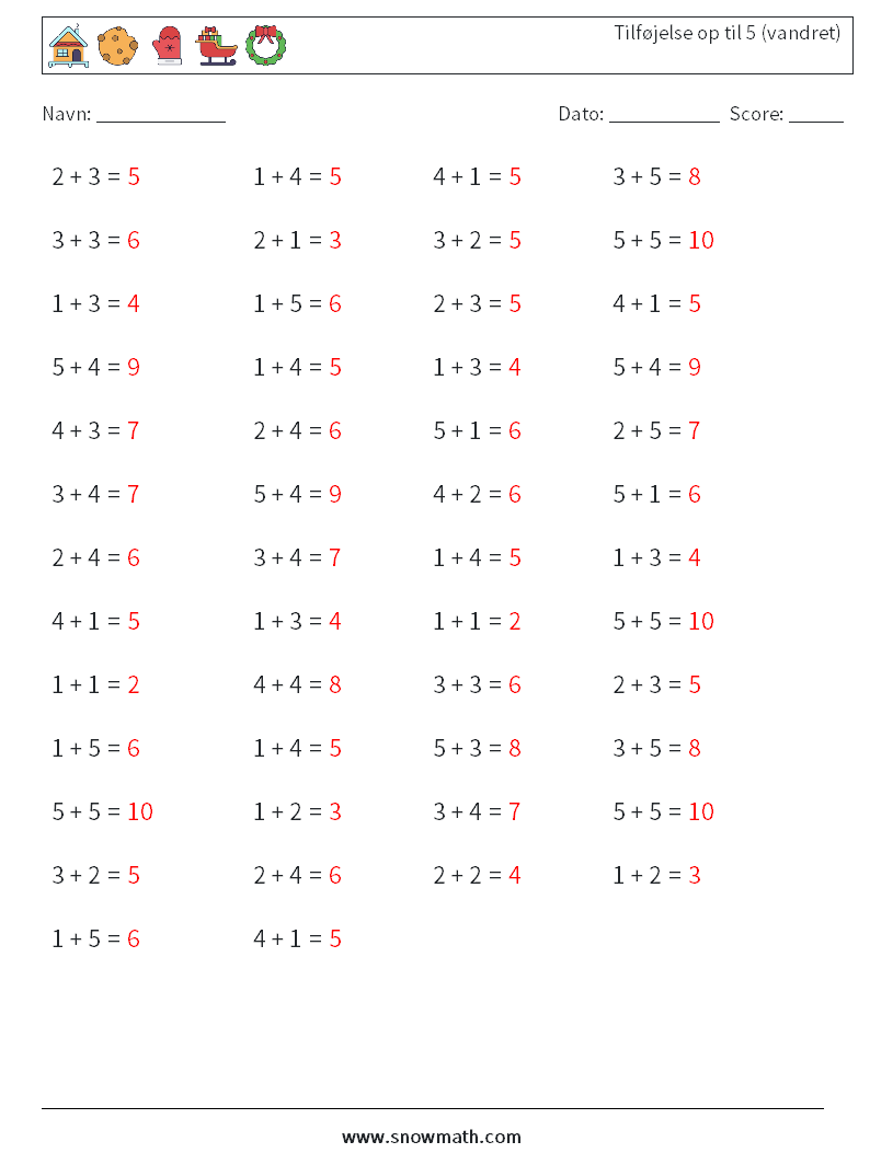 (50) Tilføjelse op til 5 (vandret) Matematiske regneark 6 Spørgsmål, svar
