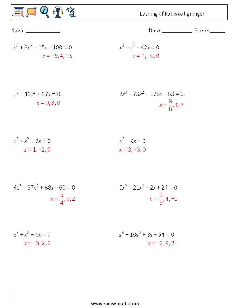 Løsning af kubiske ligninger Matematiske regneark 1 Spørgsmål, svar