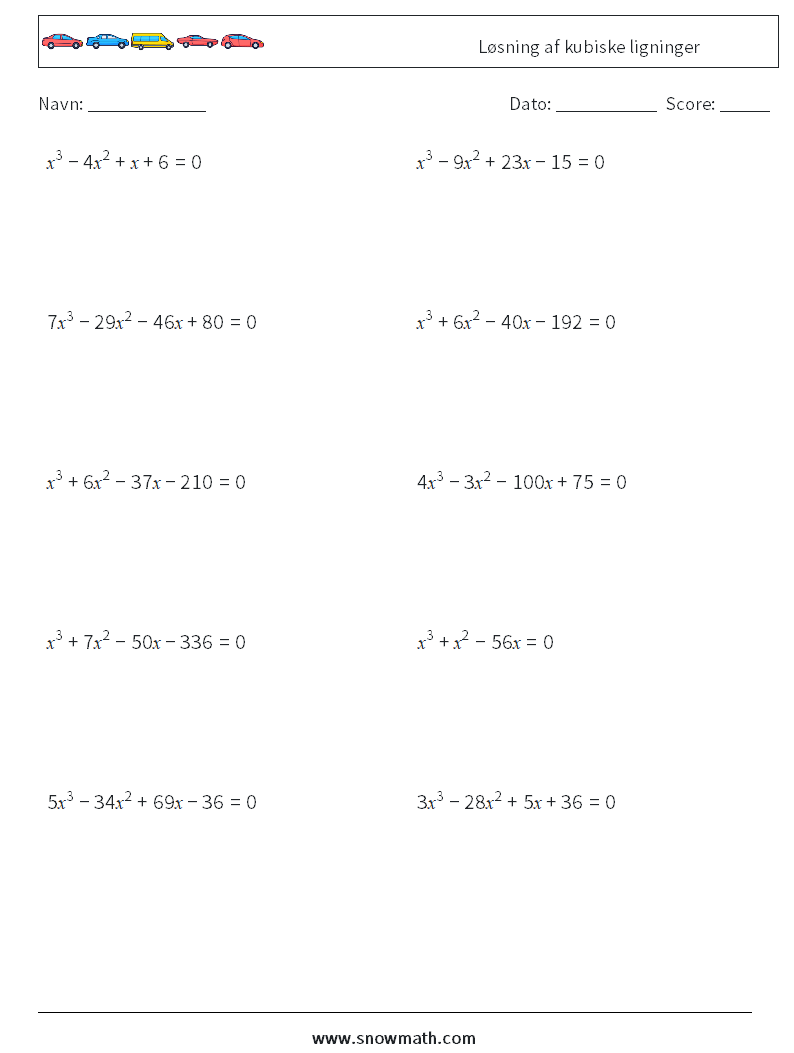 Løsning af kubiske ligninger Matematiske regneark 2