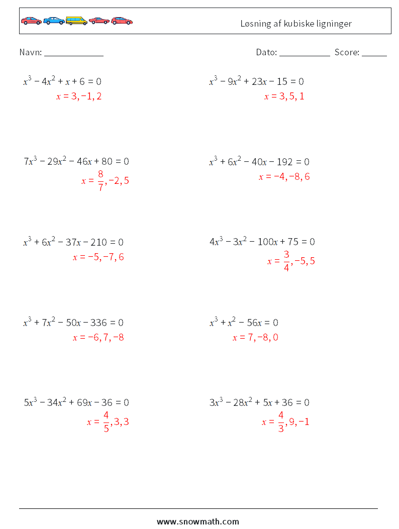 Løsning af kubiske ligninger Matematiske regneark 2 Spørgsmål, svar