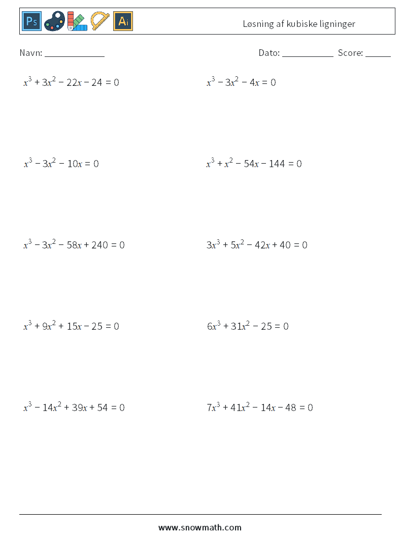 Løsning af kubiske ligninger Matematiske regneark 3