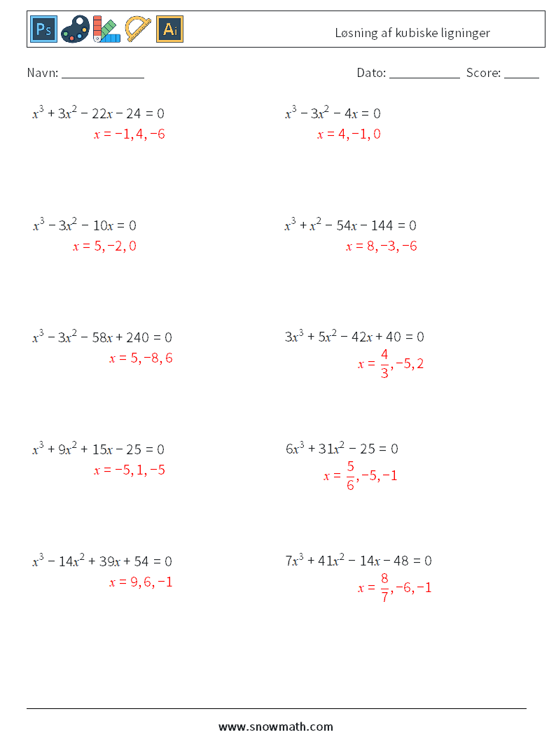 Løsning af kubiske ligninger Matematiske regneark 3 Spørgsmål, svar