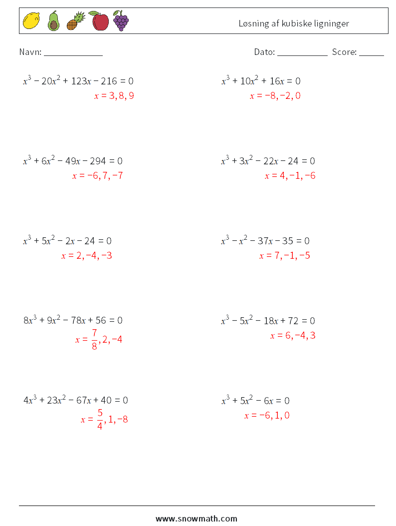 Løsning af kubiske ligninger Matematiske regneark 4 Spørgsmål, svar
