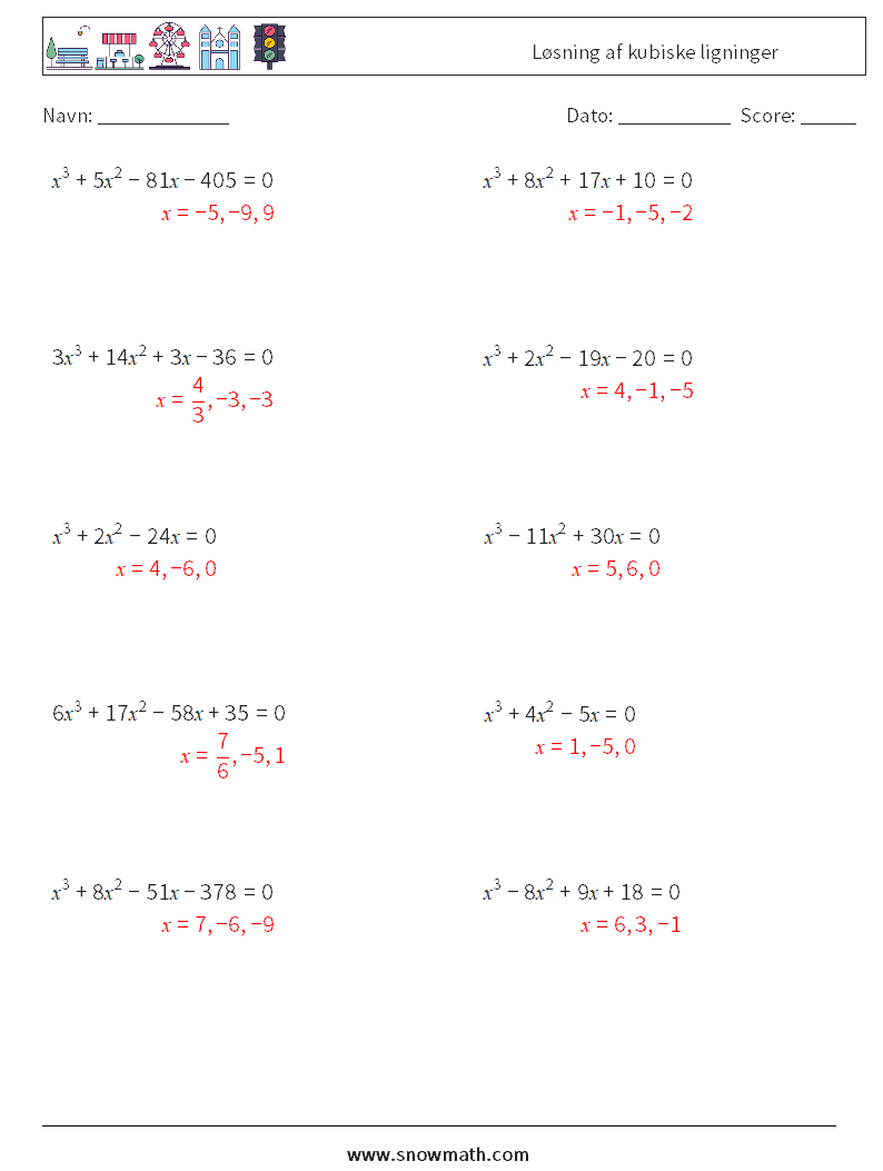 Løsning af kubiske ligninger Matematiske regneark 6 Spørgsmål, svar