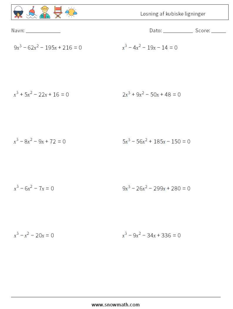Løsning af kubiske ligninger Matematiske regneark 7