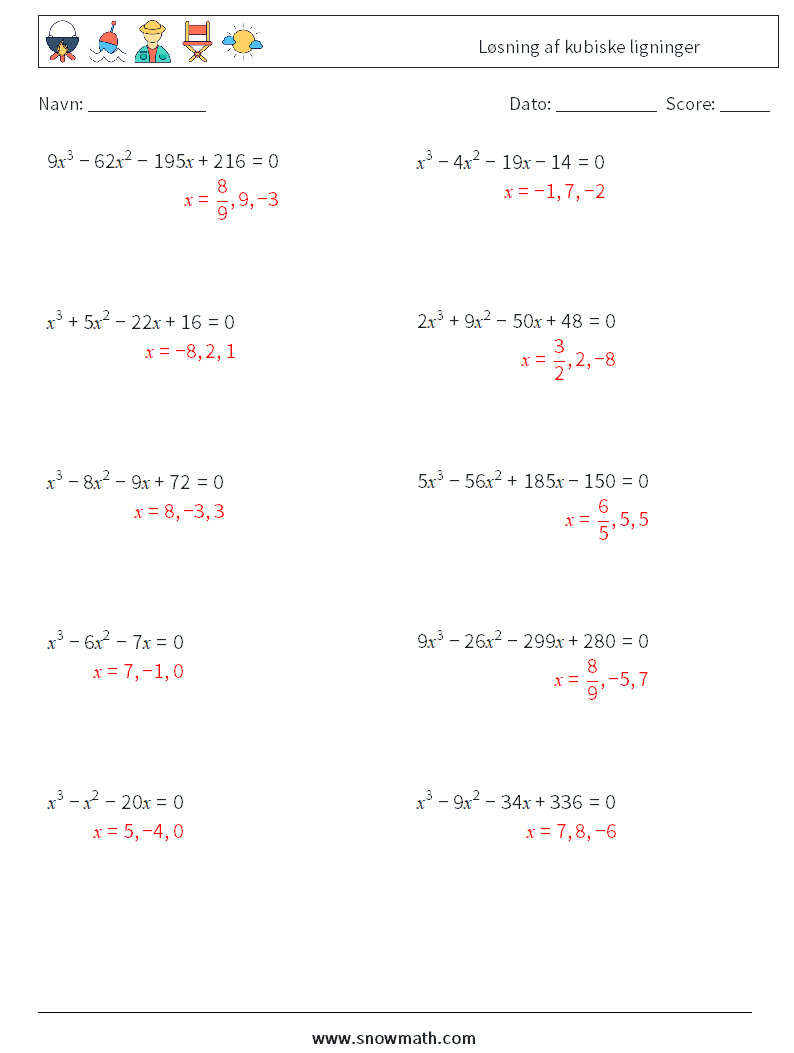 Løsning af kubiske ligninger Matematiske regneark 7 Spørgsmål, svar