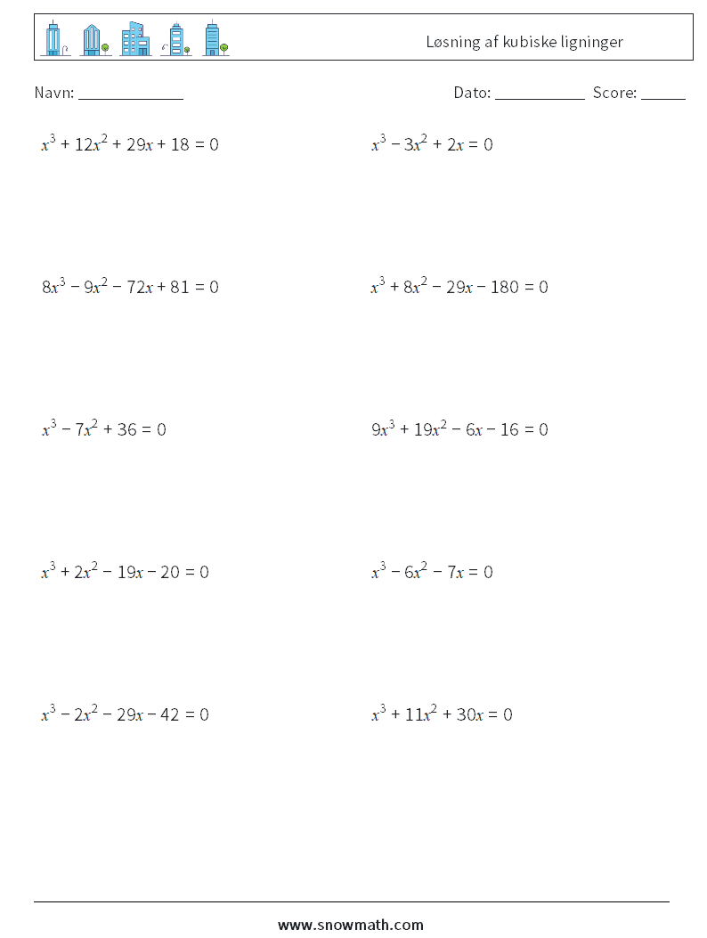 Løsning af kubiske ligninger Matematiske regneark 8