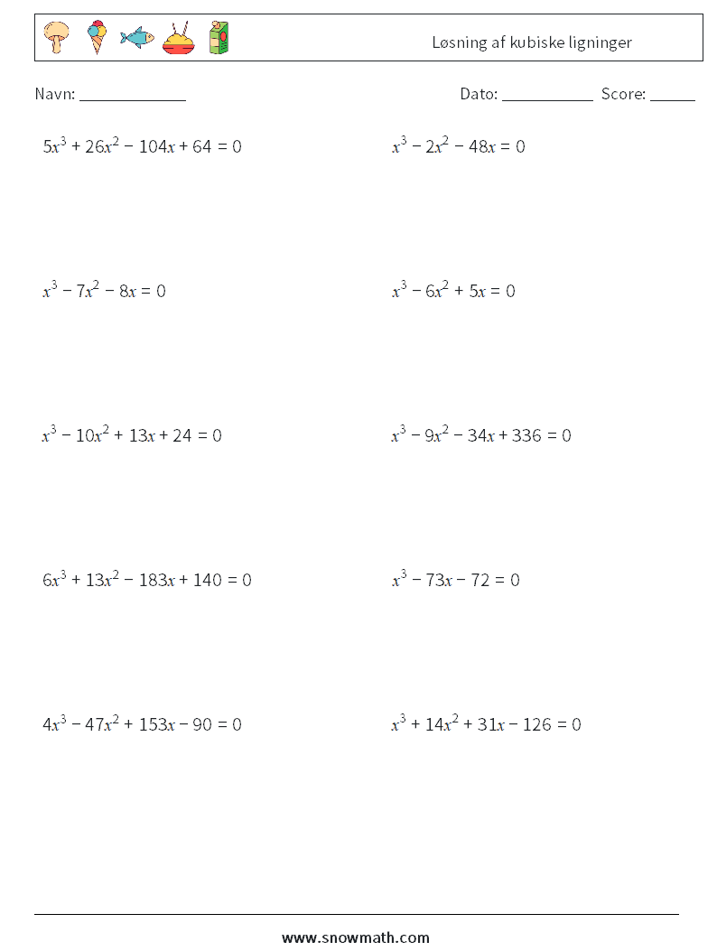 Løsning af kubiske ligninger Matematiske regneark 9